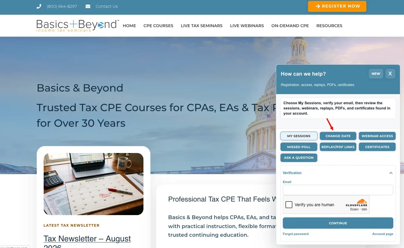 Basics & Beyond website with the Need Help widget open and Change Date highlighted