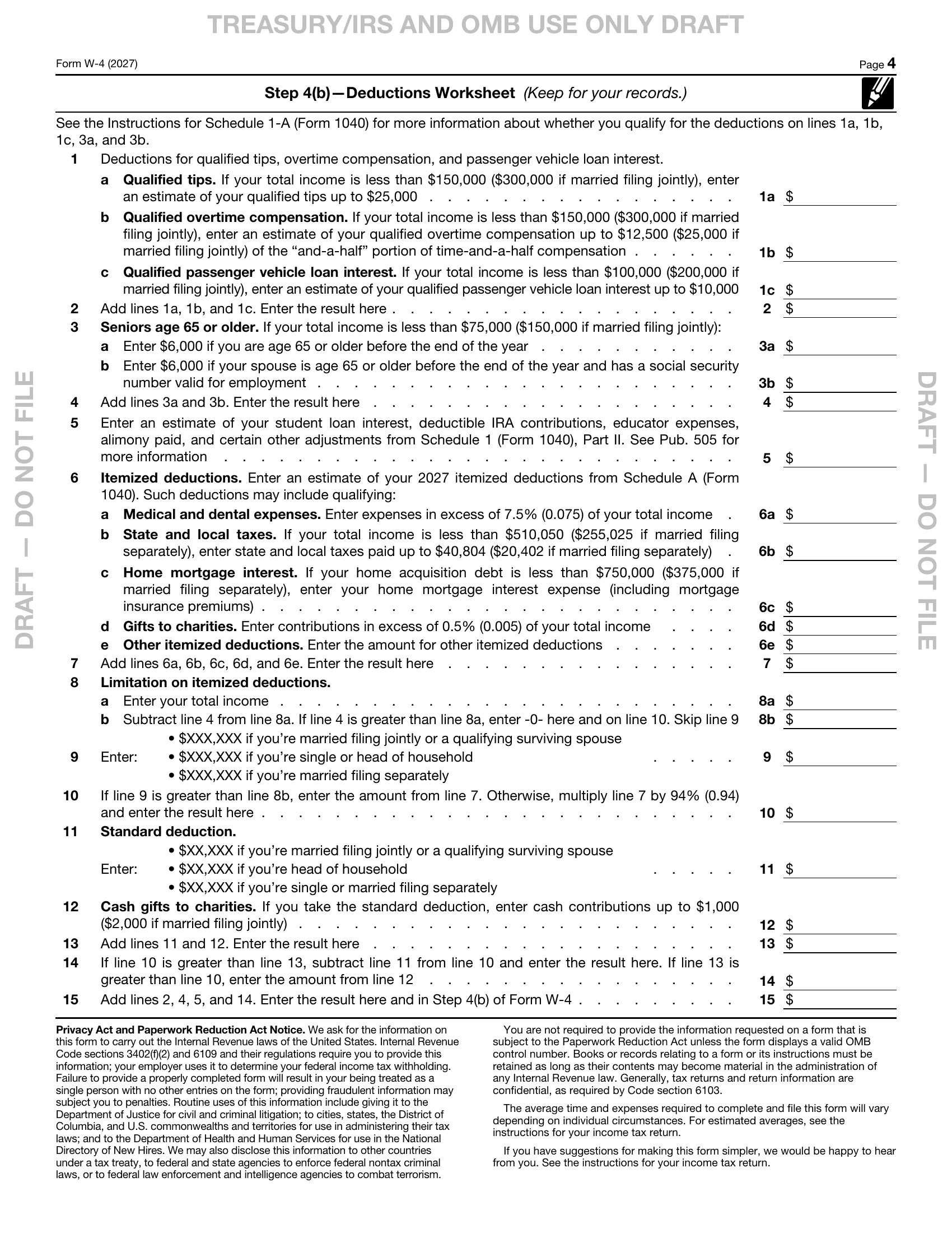 Draft 2027 Form W-4 page 4, Step 4(b) Deductions Worksheet
