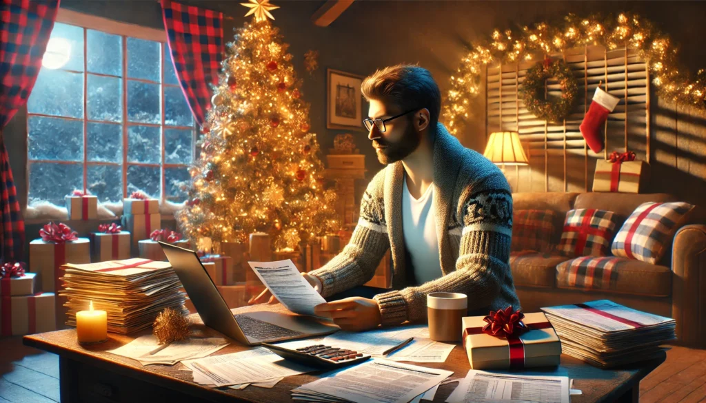 man doing taxes in front of a xmas tree